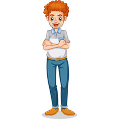Cartoon Man With Curly Red Hair Wearing A Light Blue Collared Shirt And Blue Jeans Standing Arms Crossed With A Confident Smile Against A White Transparent Background