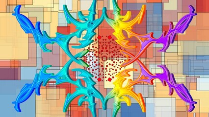 Symmetrical Digital Art of Rainbow Tribal Shapes on an Abstract Geometric Background - 1