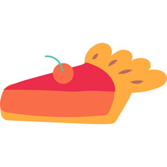Slice of cherry pie with orange and red filling and yellow crust topped with a red cherry and green stem on a white background