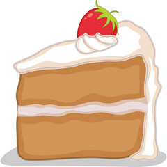 Slice Of Vanilla Cake With White Cream Filling And Strawberry On Top With Transparent Background And Shadow