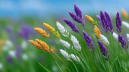 Vibrant Meadow Scene with Tall Grass Featuring Purple White and Yellow Flower Spikes Under a Bright Blue Sky