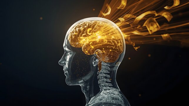 Futuristic glass human head with golden light flow concept of smart thinking and innovation