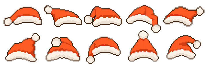 Pixel Santa hat red Christmas game icon vector set. Retro computer 8 bit pixel art holiday Santa Claus costume elements