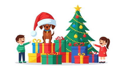Festive Gathering: Joyful children and a cheerful puppy, wearing a festive hat, gather around a decorated Christmas tree and gifts.