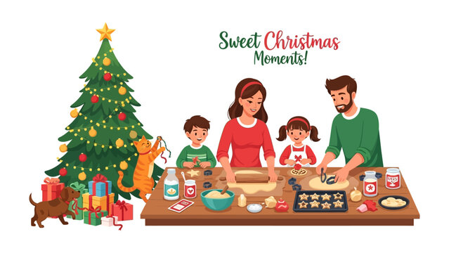 Festive Family Baking: A cheerful family creates sweet memories together, baking Christmas cookies in a cozy kitchen decorated for the holiday.  