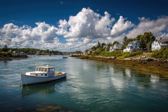Picturesque Ogunquit Maine: Vibrant Perkins Cove with Charming Boats and Serene Waters Under Cloudy Skies