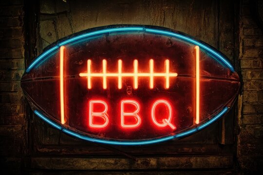 Retro Neon Bar B Q Sign with Football Theme - Perfect for Advertising American Barbecue Events