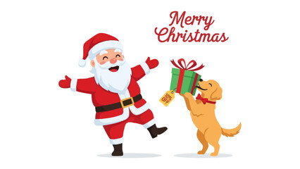 Santa's Festive Surprise: A jovial Santa Claus with a joyful golden retriever, celebrating Christmas with a gift exchange. The spirit of the season