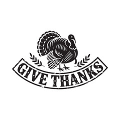 Vintage style thanksgiving turkey with give thanks banner and laurel wreath