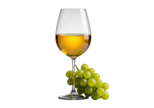 Pristine stemmed wine glass with radiant golden white wine, delicate green grapes, isolated on a uniform solid transparent background, medium close-up shot, minimalist product presentation concept