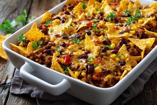 Savory Frito Pie: A Rustic Recipe with Minced Beef, Cheesy Goodness, Corn, and Beans, Perfectly Baked in a Dish