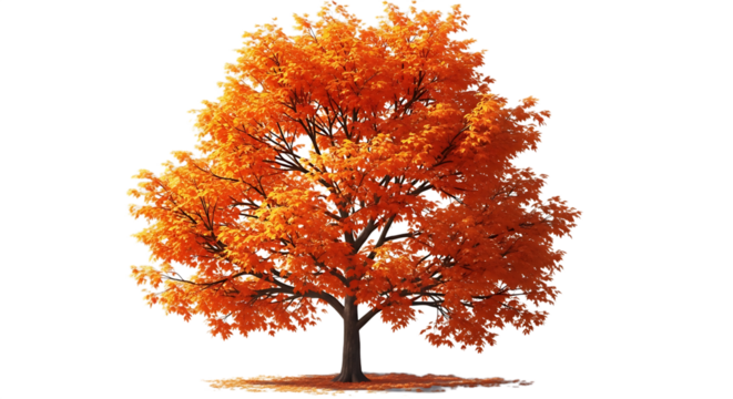 Maple tree with orange leaves isolated on transparent background in autumn