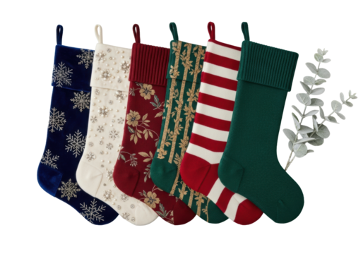 Six luxury christmas stockings, varied festive designs, fanned with frosted eucalyptus on transparent. Luxury holiday product display