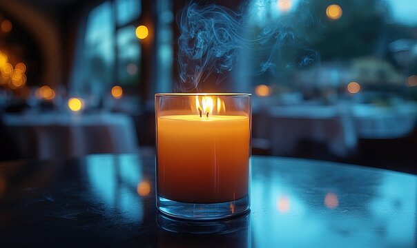 A candle burns brightly in a glass on a restaurant table - Powered by Adobe