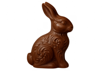 Chocolate easter bunny standing with scrollwork design on transparent background