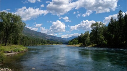 Scenic View of Kootenai River in Northwest Montana Under Bright Blue Skies, Capturing Leisurely Moments by the Water