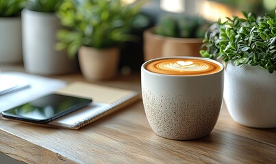 A cozy workspace featuring a cup of coffee, smartphone, and greenery