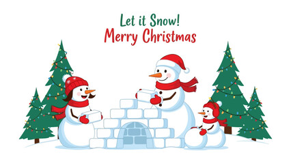 Festive Snowman Building a Home for Christmas: Capture the joy and cheer of the holiday season with charming snowmen crafting an igloo under a snowy sky.