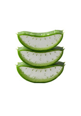 Three vibrant green aloe vera slices, stacked showing gelatinous pulp and water droplets, isolated on a transparent background with high-key lighting. Concept of natural health and beauty