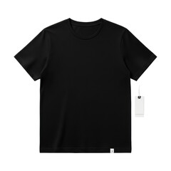 Pristine black crew-neck t-shirt made of soft cotton with a subtle fold and a small white product tag, displayed flat on a transparent background, concept for high-quality e-commerce