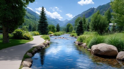 A Picturesque Tree Lined Pathway Curves Beside a Gently Flowing Mountain Stream Under a Bright Blue Sky with Fluffy Clouds on a Sunny Day