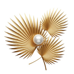 Three luxurious golden palm leaves with intricate fronds and a radiant metallic sheen, artfully arranged with a transparent pearl on a transparent background. Concept of refined luxury and elegance