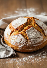 A close-up of a delicious, freshly baked round loaf of artisan bread with a scored top and sprinkled with flour on a dark wood background