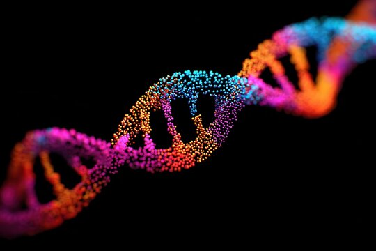 Colorful dna molecule model with vibrant particles in a spiral design on a black background, showcasing modern genetics and biology concepts for science enthusiasts and educators