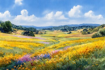 Vibrant landscape illustration featuring a blooming flower field blending into rolling green hills under a serene sky with distant mountains, exuding tranquility and natural beauty for art enthusiasts