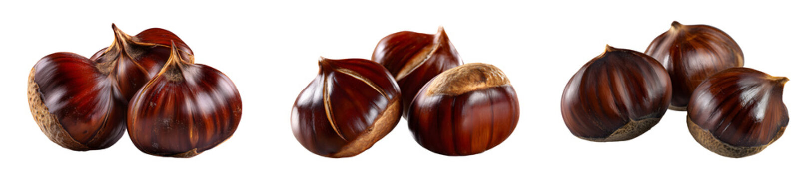 Set of roasted chestnuts, isolated on transparent background