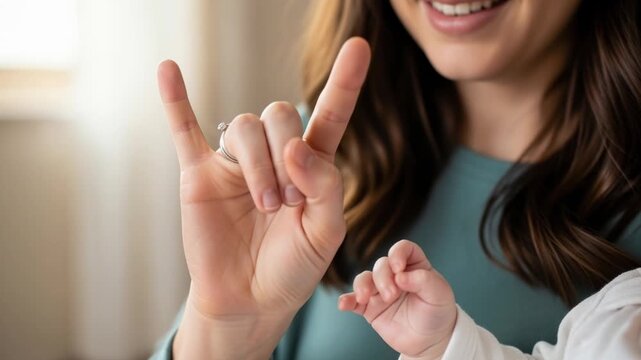 Mother teaching baby sign language in cozy indoor setting. Mom slowly signing with her hand while smiling gently. Locked camera.