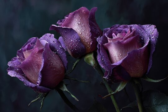 Vibrant purple roses with water droplets against a dark backdrop, showcasing detailed textures and elegant gradients for floral enthusiasts and nature lovers