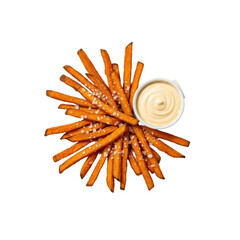 Crispy, golden-brown sweet potato fries fanned radially on a white plate with aioli, sprinkled with sea salt, isolated on a transparent background, top-down shot. Culinary perfection concept
