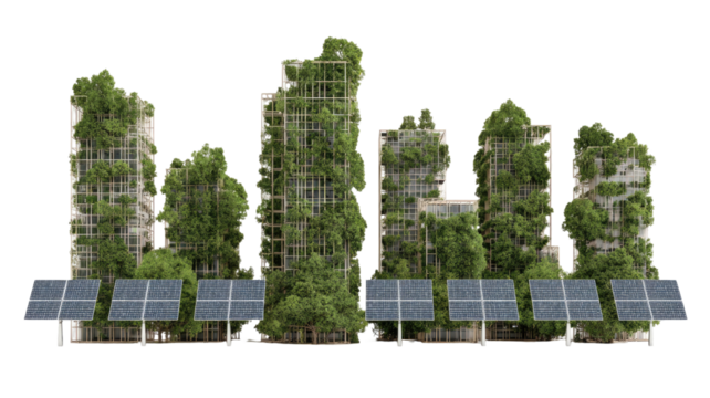 High-rise city architecture with solar panels on a skyscraper and green grass near a park