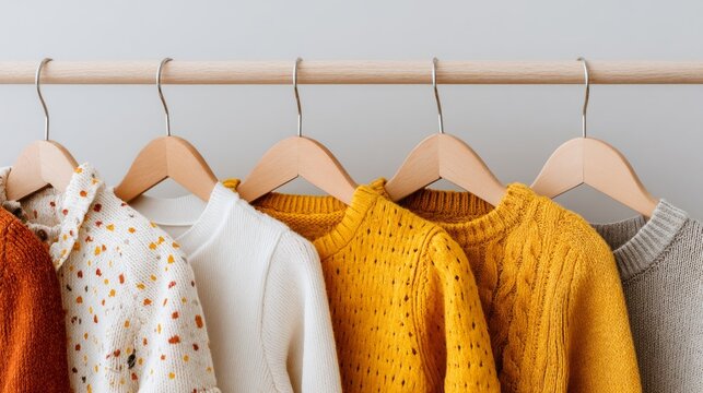 A delightful variety of children's sweaters hang neatly on wooden hangers, showcasing warm earth tones and cheerful textures. Perfect for playful winter outfits that offer warmth and style