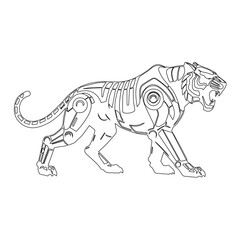 Line drawing of a mechanical tiger. A line art illustration of a robotic tiger. The design incorporates mechanical features such as gears and joints, blending robotics with the form of a tiger