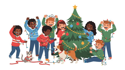 Festive Gathering: A group of children, filled with excitement, adorn a Christmas tree with decorative lights, their joyful faces illuminating the spirit of the season.