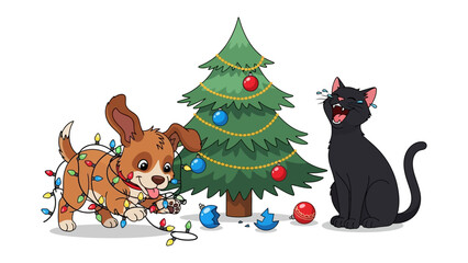 Festive Felines and Canine: A delightful cartoon scene of a christmas tree decorated with lights and ornaments beside a playful puppy entangled in christmas lights, and a charming cat seems excited.