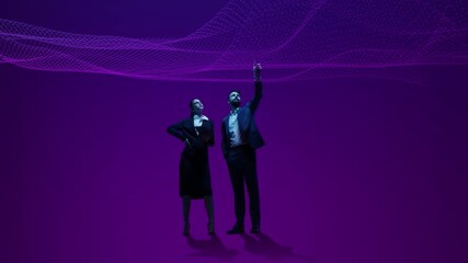 Stop motion animation. Two business professionals discussing innovation strategy under data wave projection. Concept of leadership teamwork, AI data communication, and digital transformation.