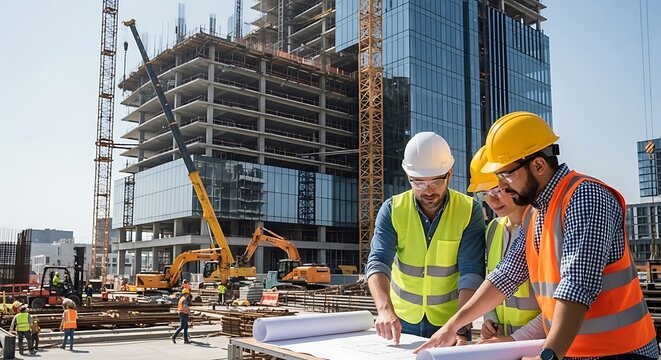 Construction team reviewing architectural plans on building site - Powered by Adobe