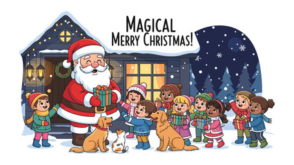 Magical Christmas Celebration: A heartwarming scene unfolds as Santa Claus extends gifts to a group of children, each radiating delight, as dogs surround them in a festive winter wonderland.