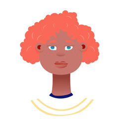 Stylized Portrait Of A Person With Coral Pink Curly Hair And Blue Eyes With Subtle Freckles On Face And A Faded Gradient Neck Area And A Dark Blue Collar