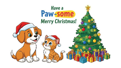 Holiday Companions: An adorable puppy and kitten, both sporting festive Santa hats, share a joyful Christmas scene, complete with a beautifully decorated tree and cheerful holiday gifts.