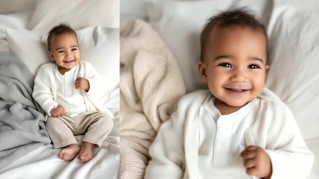 Adorable mixed-race baby girl lying on a soft white bed, smiling and looking up with bright, joyful eyes. She&rsquo;s dressed in a white onesie and beige pants