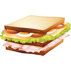 Tall Ham and Cheese Sandwich With Lettuce Tomato Onion and White Bread Layers Isolated On Transparent Background Detailed Food Illustration