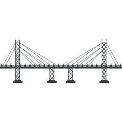 Stylized dark grey suspension bridge structure with clean lines and geometric tower supports isolated on white background