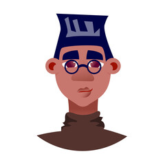 Stylized Cartoon Portrait Of A Man With Dark Blue Hair Round Glasses And A Brown Turtleneck Against A White Background