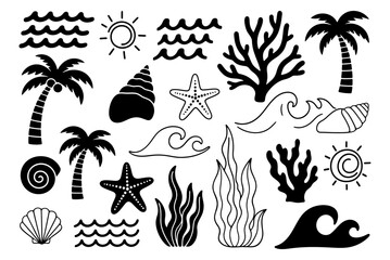 Set of hand drawn tropical ocean silhouette and outline icons including palm tree, wave, sun, seashell, starfish, coral and seaweed © Rani
