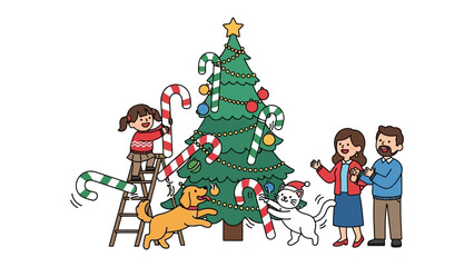 Christmas Cheer: Family gathered around a decorated tree, preparing for the Christmas holiday, joyful moments.