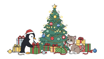 Holiday Cheer: A charming Christmas illustration of a penguin and a cat, working together by the Christmas tree to wrap gifts, spreading holiday cheer and the joy of the holiday season.
